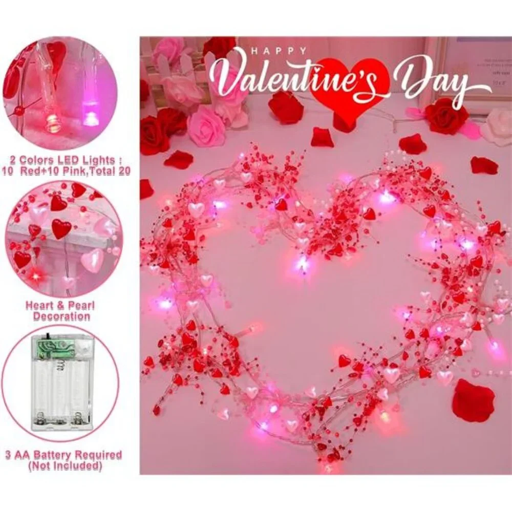 2 Pack Valentines Day Decorations Pink & Red Hearts Lights, Valentine